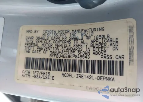 2012 Toyota Corolla Le из США, поврежденный, VIN 5YFBU4EE8CP048543